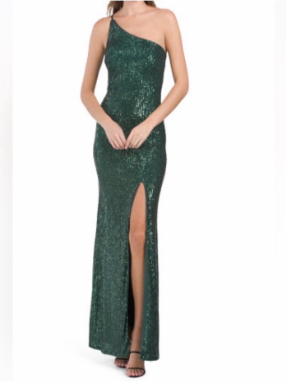 Xscape One-Shoulder Emerald Sequin Gown with High Slit
